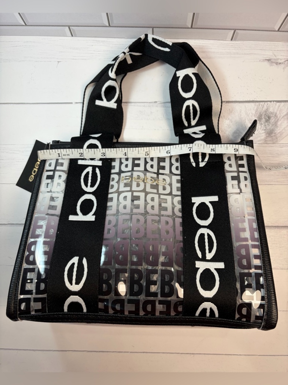 Bebe Black Clear Logo Tote with Black Pouch women satchel - Picture 3 of 9